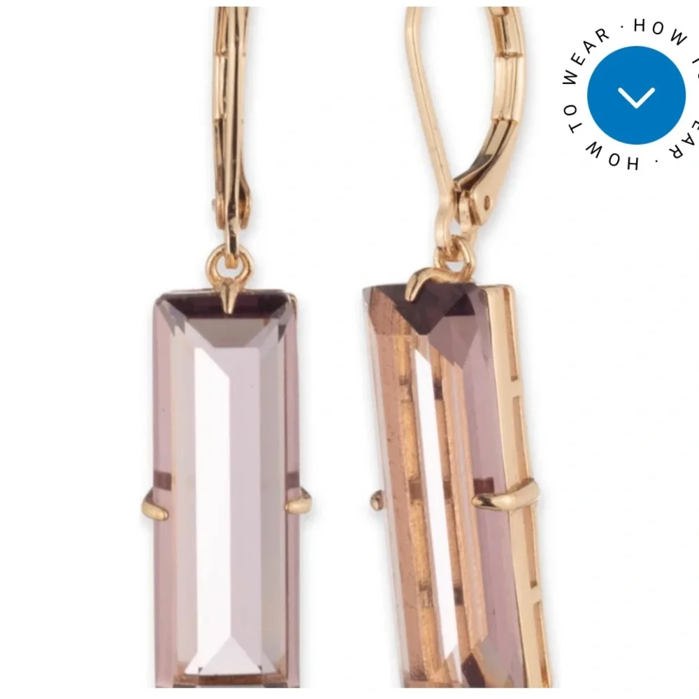 Gold Tone Baguette Stone Drop Earrings - Picture 2 of 3